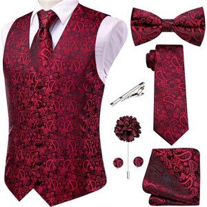 Men's Silk Vest Bowtie Set Formal Suit Vest Jacquard Tie Handkerchief